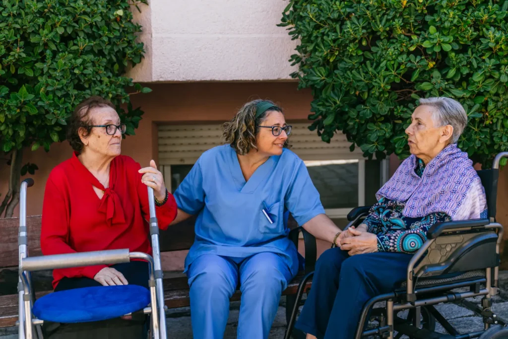 A compassionate nurse gently assisting an elderly woman in a respectful and supportive way.