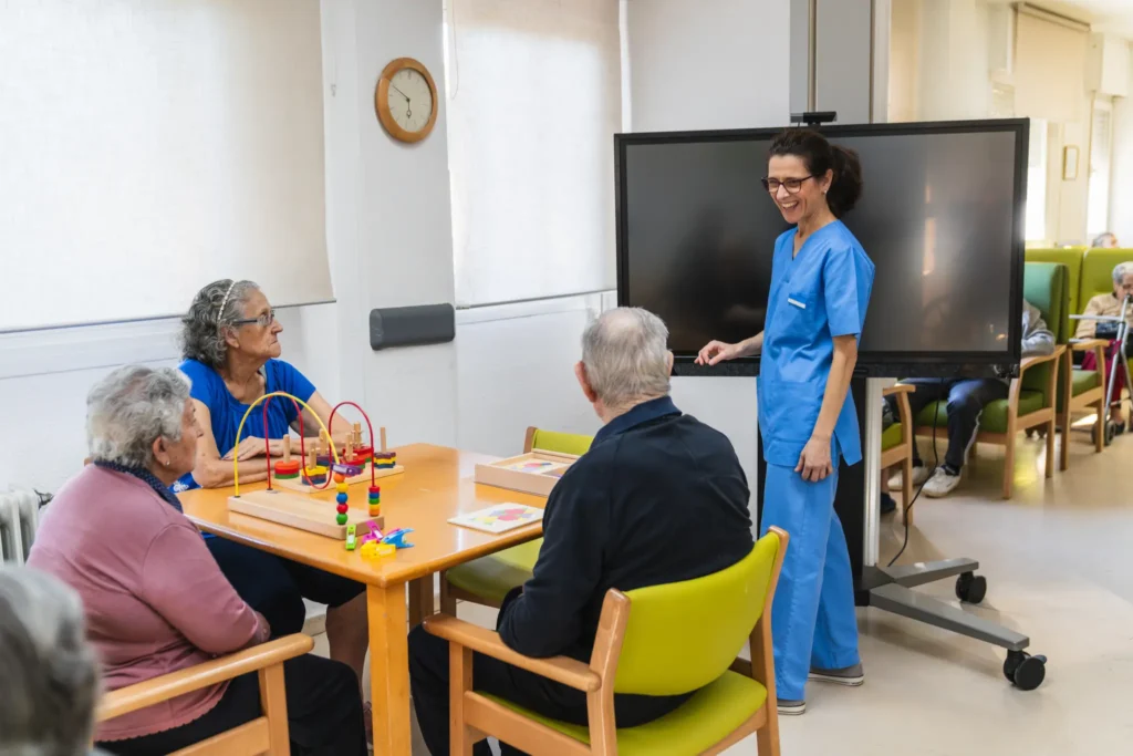 Elderly residents enjoying engaging group activities in a supportive and caring environment.