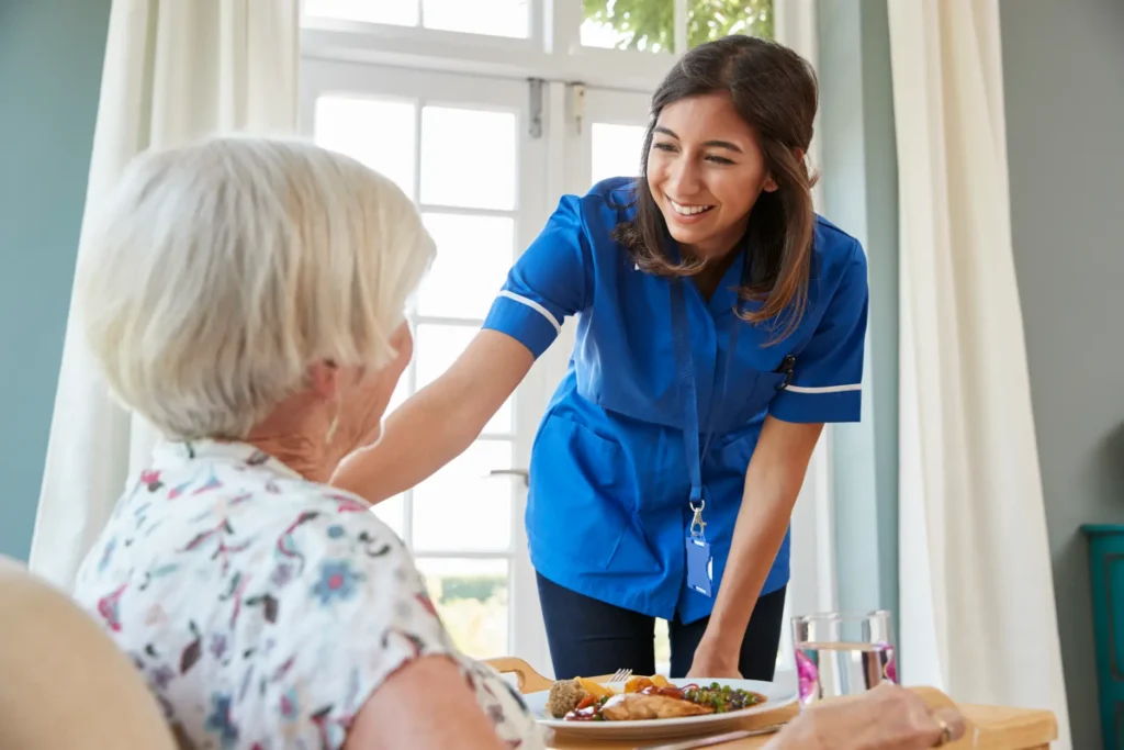 A professional carer serves a nutritious, home-cooked meal to an elderly lady in her dining room, supporting her well-being and independence.